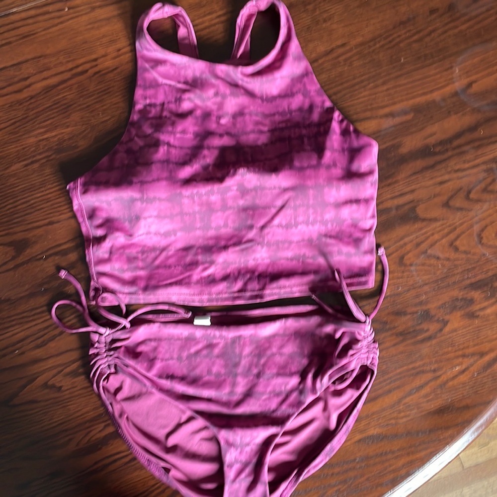 Athleta purple high neck tankini, gathered bottoms